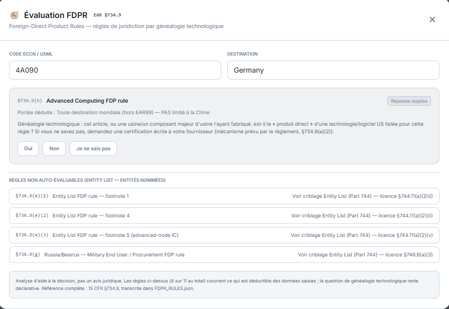 Module d'évaluation FDPR : règle Advanced Computing identifiée, question de généalogie technologique, règles Entity List listées à part