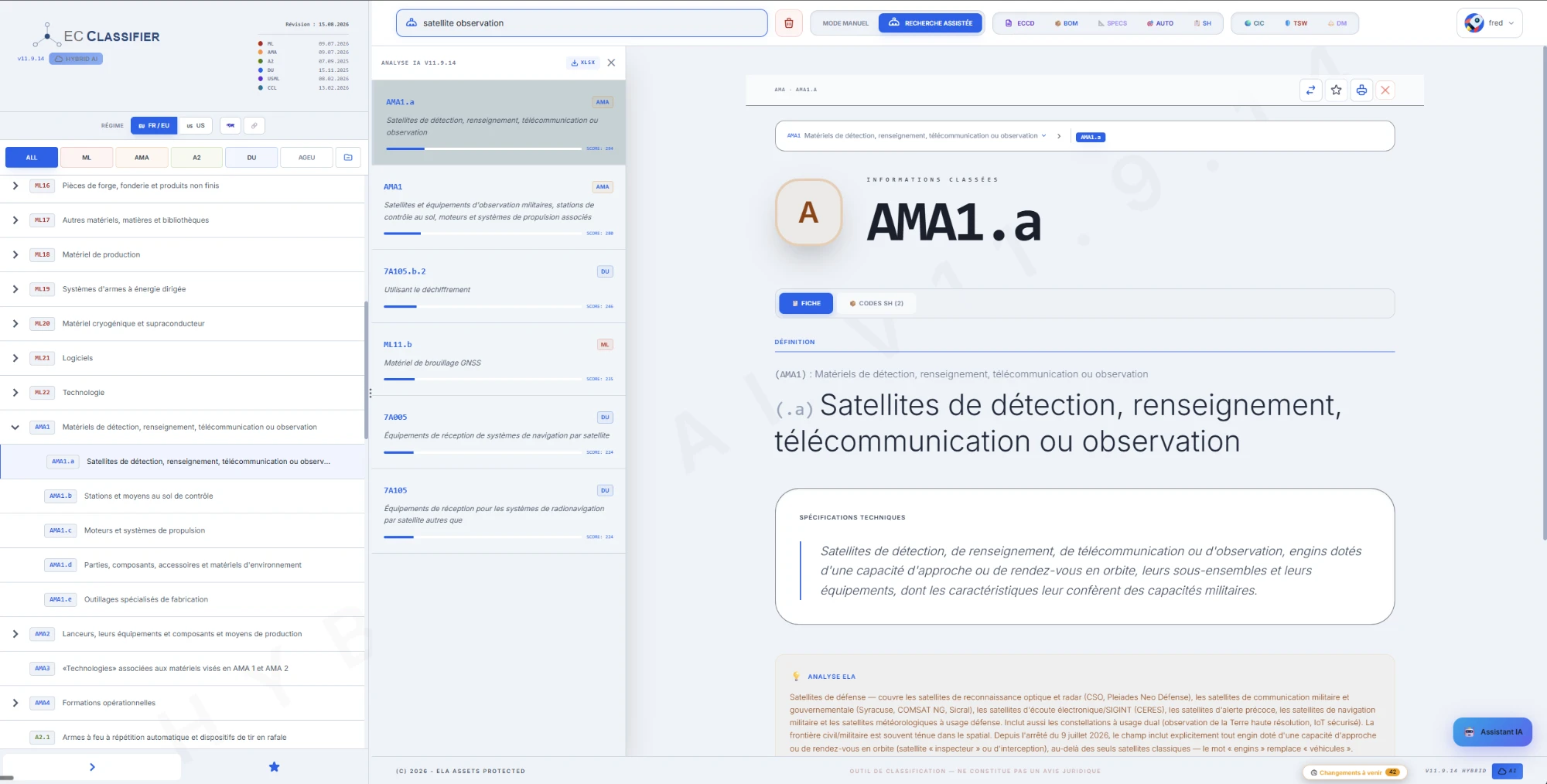 Résultats de recherche IA EC Classifier, régime France/UE, codes ML, AMA et DU avec leurs badges de source colorés