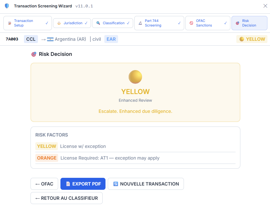 Verdict final du criblage de transaction : risque YELLOW, revue renforcée recommandée