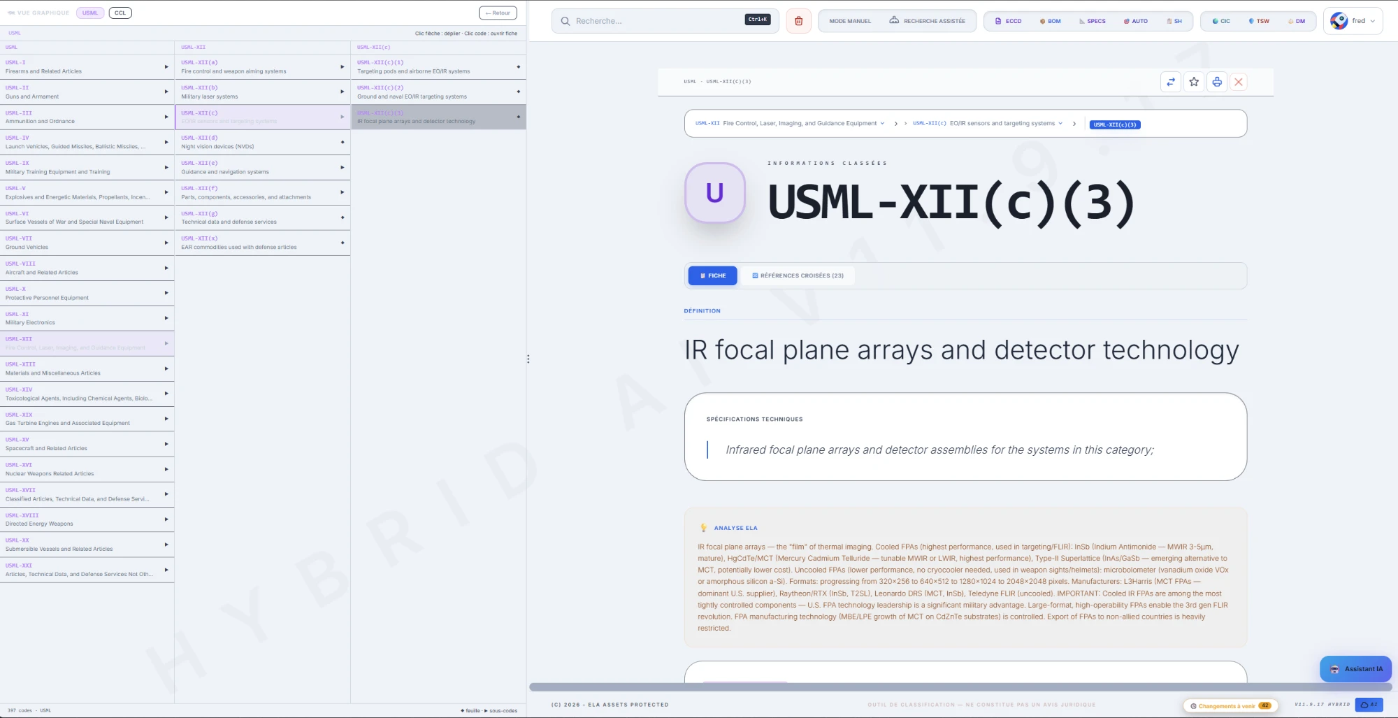 Navigation graphique en arborescence dans la nomenclature USML, avec fiche détaillée et alerte changement à venir